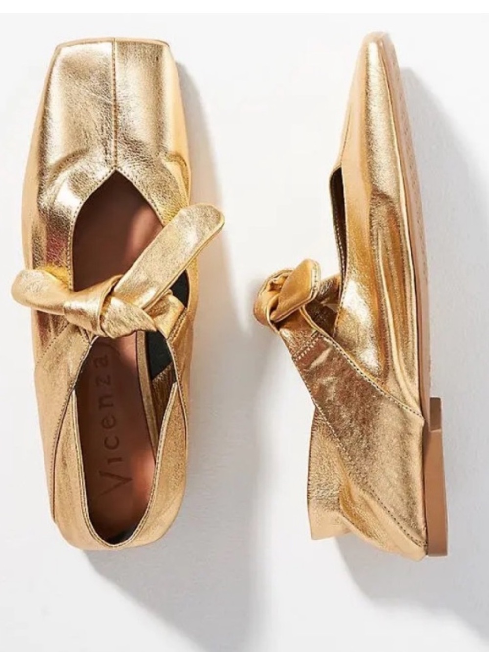 Anthropologie Vicenza Bow Mary Jane Ballet Flats Gold Square Toe
